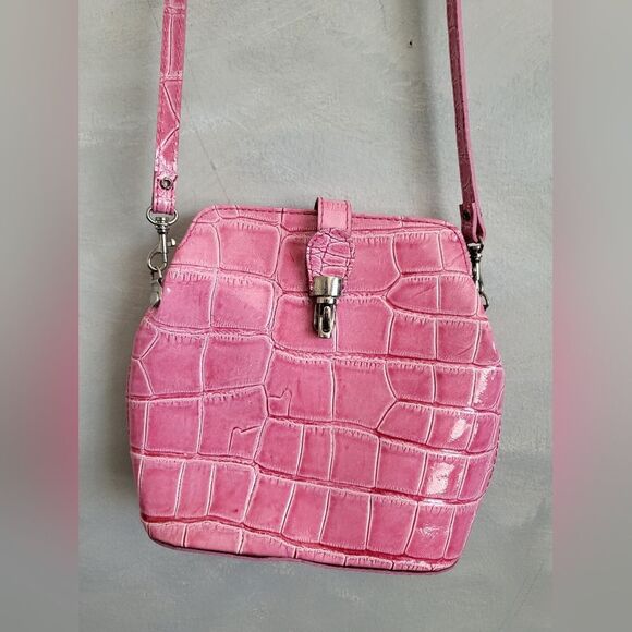 Pink Alligator Croc Embossed Small Leather Bag Made in Italy 8 x 8 - Picture 11 of 16